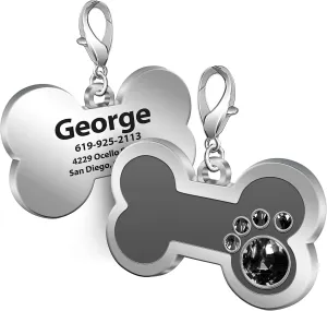 Personalized Engraved Stainless Steel Pet ID Silent Tag,Bone and Paw Shape Dog Tags & Cat Tags with Crystals (Grey, Bone Shape)