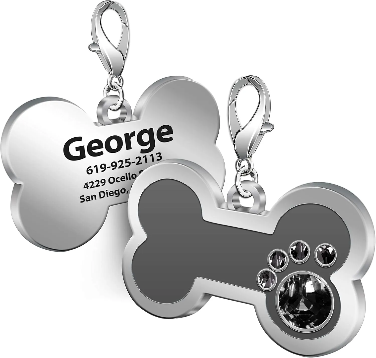 Personalized Engraved Stainless Steel Pet ID Silent Tag,Bone and Paw Shape Dog Tags & Cat Tags with Crystals (Grey, Bone Shape)