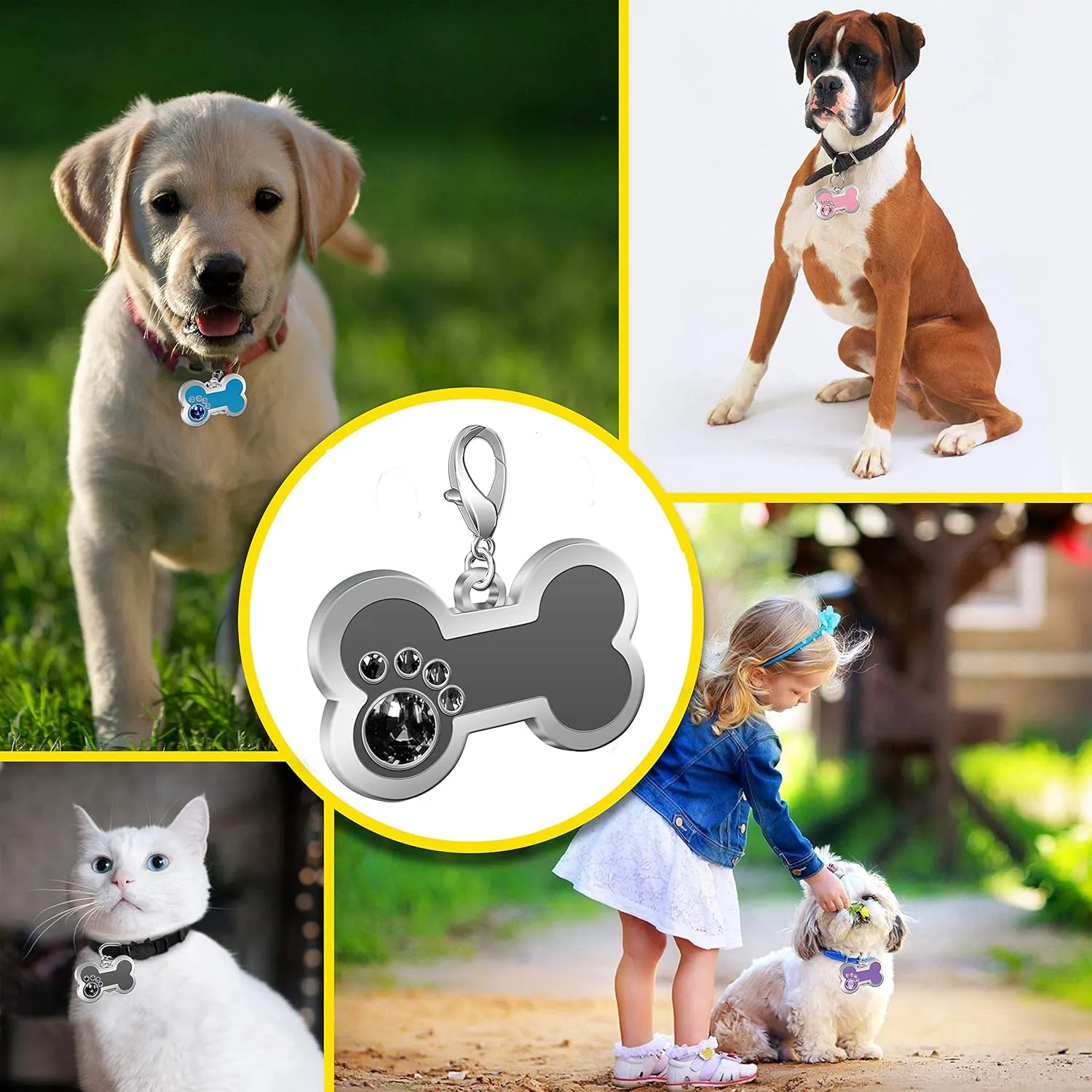 Personalized Engraved Stainless Steel Pet ID Silent Tag,Bone and Paw Shape Dog Tags & Cat Tags with Crystals (Grey, Bone Shape)