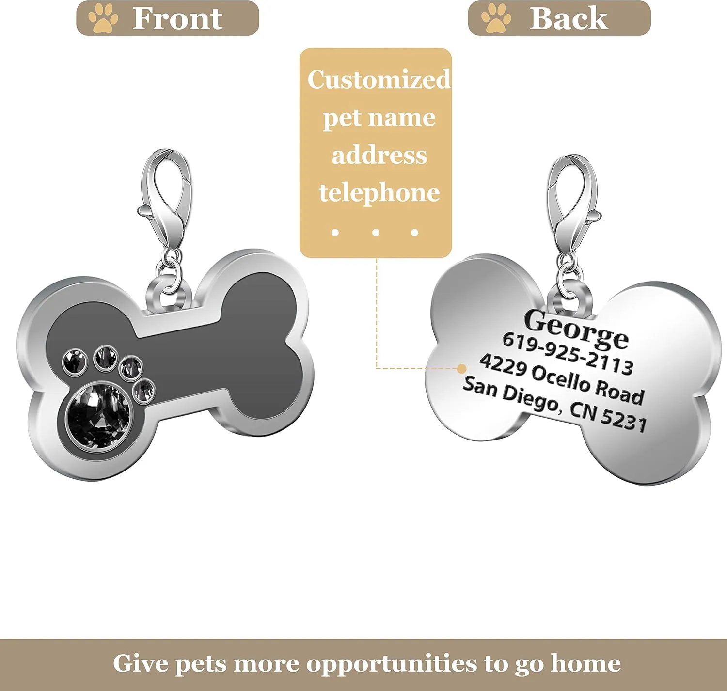 Personalized Engraved Stainless Steel Pet ID Silent Tag,Bone and Paw Shape Dog Tags & Cat Tags with Crystals (Grey, Bone Shape)