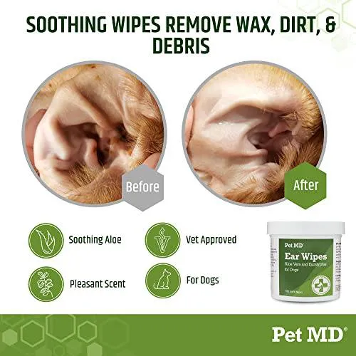 Pet MD - Dog Ear Cleaner Wipes - Otic Cleanser for Dogs to Stop Ear Itching, and Infections with Aloe and Eucalyptus - 100 Count