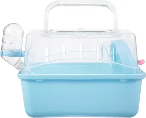 POPETPOP Portable Hamster Cage : Plastic Hamster Carrier with Water Bottle - Breathable Small Animal Carrier Cage for Gerbil Hedgehog, 8.84X6.68X6.48in (Blue)