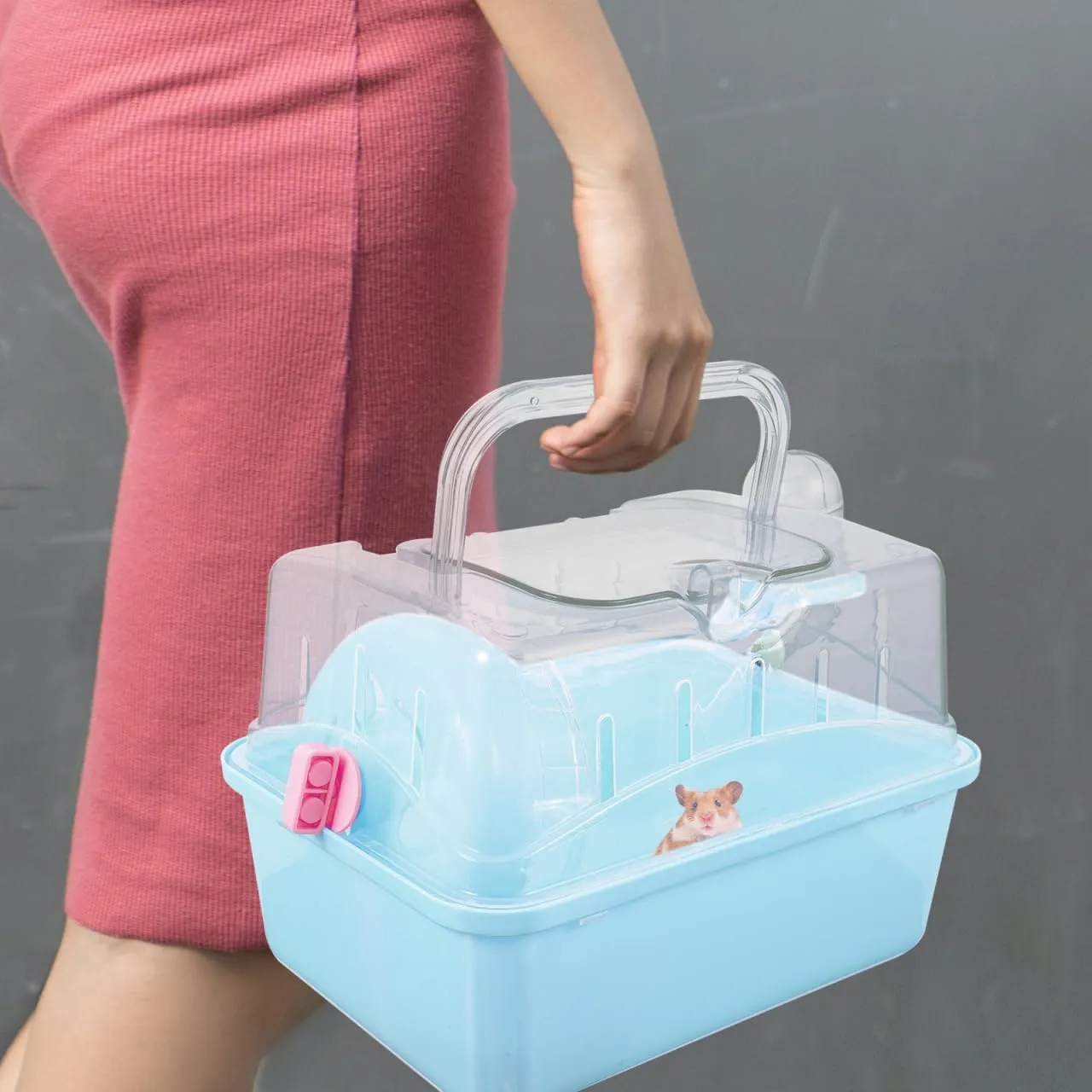 POPETPOP Small Animal Carrier Cage with Water Bottle - Portable Hamster Travel Cage with Handles for Hedgehog Hamster Rat Bearded Dragon Ferret Chinchillas (Sky-Blue) 11"*6.69"