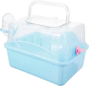 POPETPOP Small Animal Carrier Cage with Water Bottle - Portable Hamster Travel Cage with Handles for Hedgehog Hamster Rat Bearded Dragon Ferret Chinchillas (Sky-Blue) 11"*6.69"