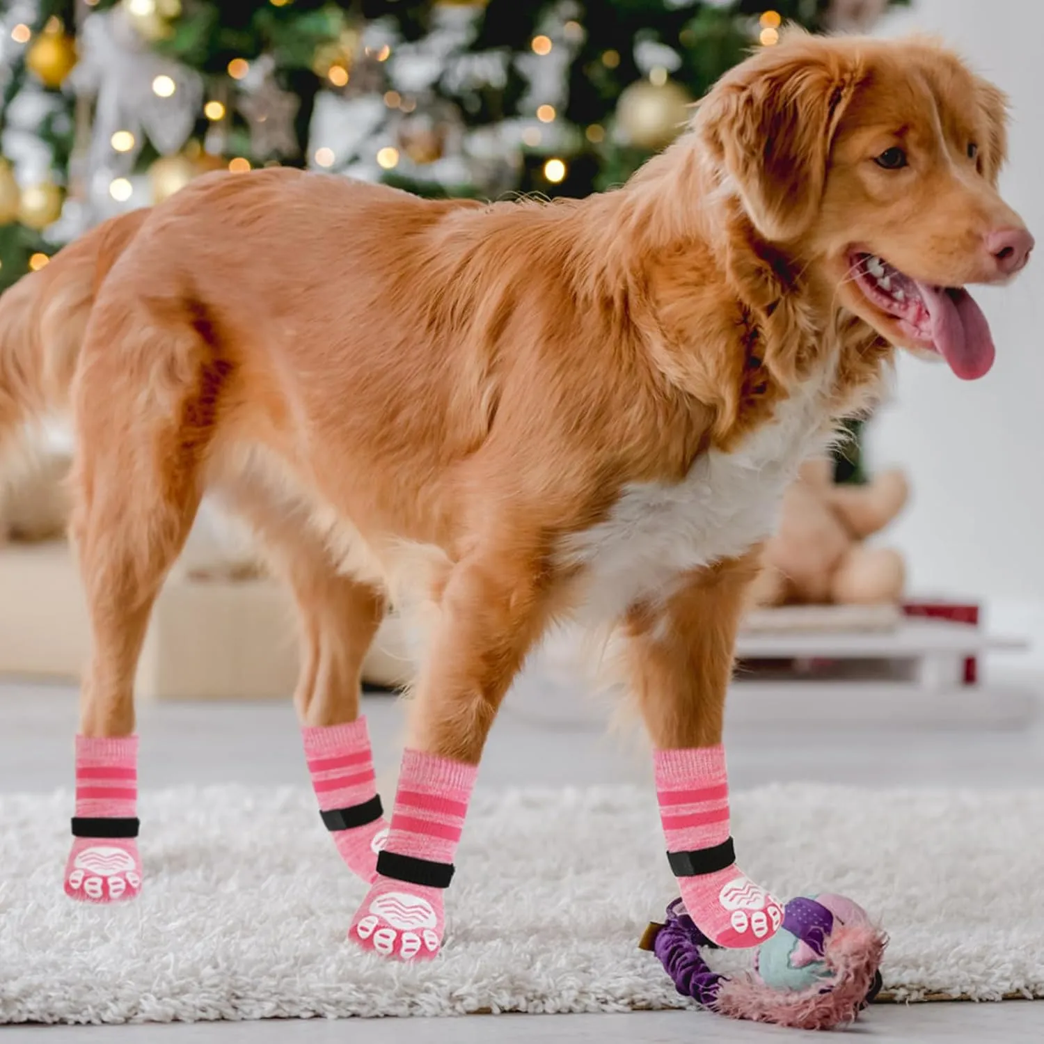PUPTECK Anti-Slip Dog Socks with Double Sides Grips Booties for Medium Large Dogs Hardwood Floors Prevents Licking, Dog Shoes for Cold & Hot Pavement Traction, Fuschia, L
