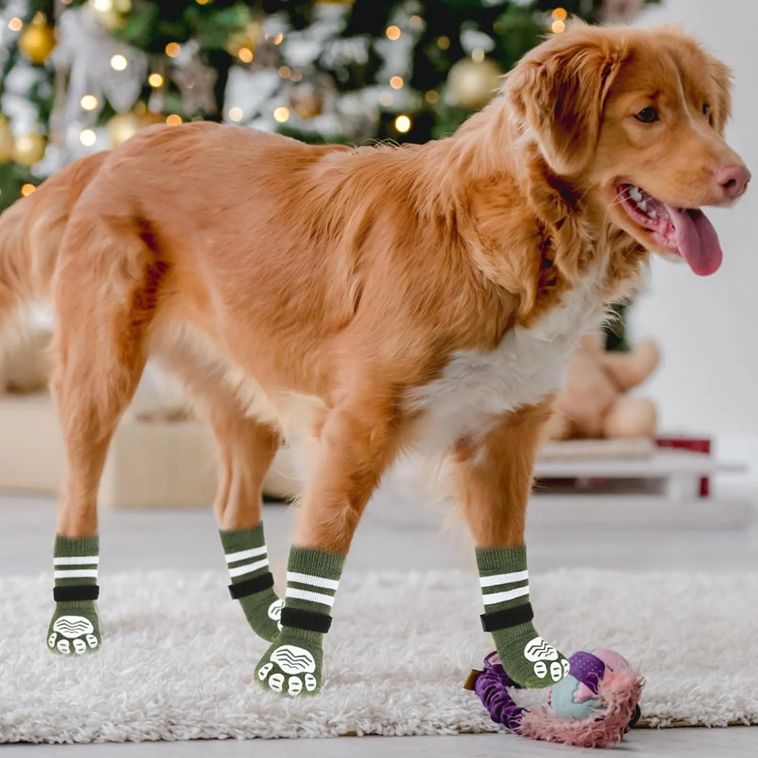 PUPTECK Anti-Slip Dog Socks with Double Sides Grips Booties for Medium Large Dogs Hardwood Floors Prevents Licking, Dog Shoes for Cold & Hot Pavement Traction, Green, L