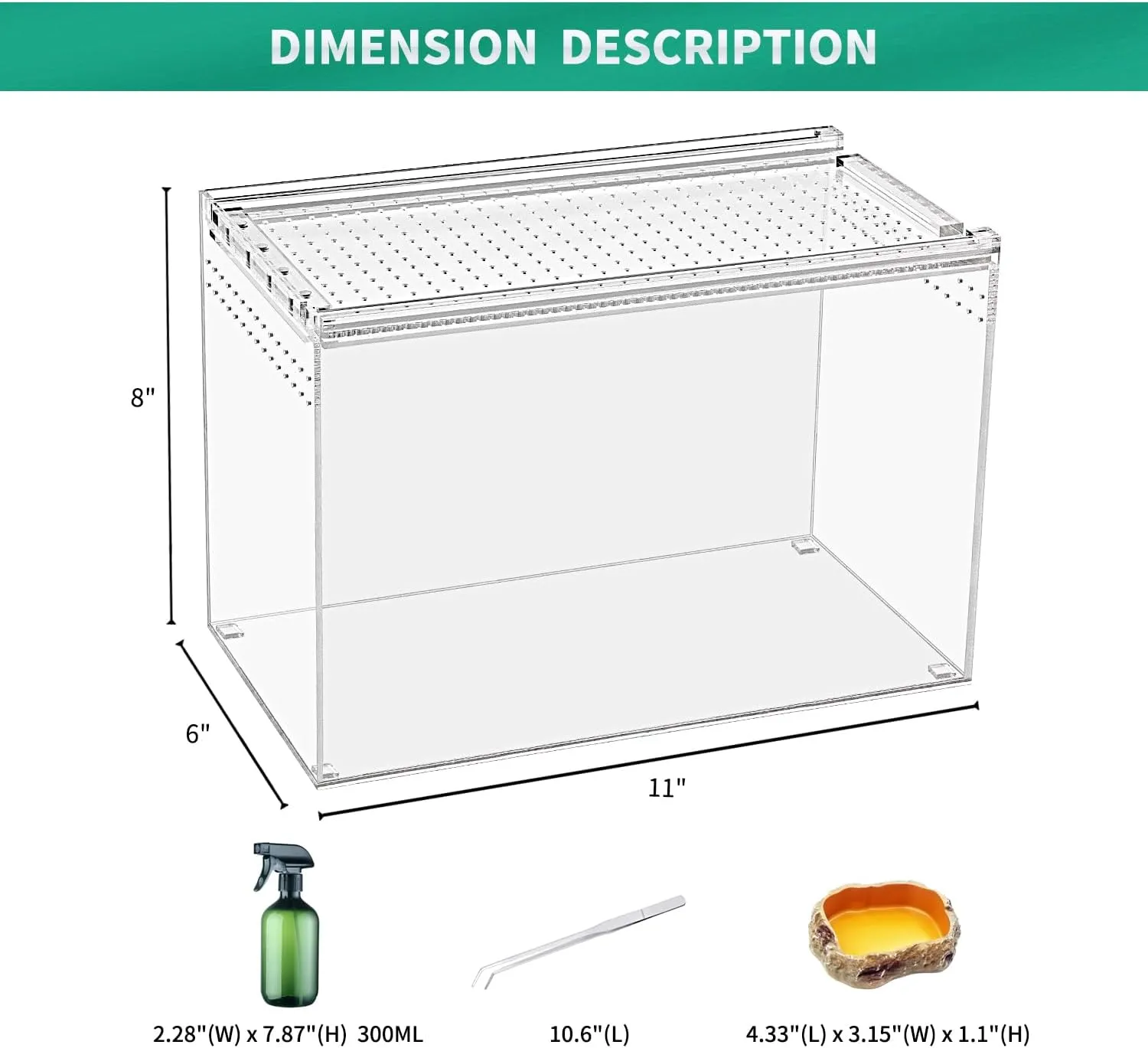 Reptile Terrarium kit,11"*6"*8" Reptile Breeding Box, Magnetic Acrylic Enclosurefor TarantulaHermit CrabJumping SpiderIguanaLeopard GeckoBearded Dragon, Insect, Mantis, Scorpions.