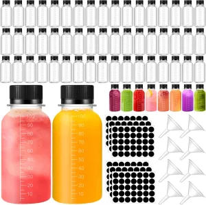 Roshtia 100 Pcs 3 oz Plastic Bottle with Caps for Liquids Small Clear Ginger Shots Bottles Mini Jars with Lids with Scale and 3 Labels 15 Pcs Funnel for Juice Ginger Sauce Bulk Portable Travel