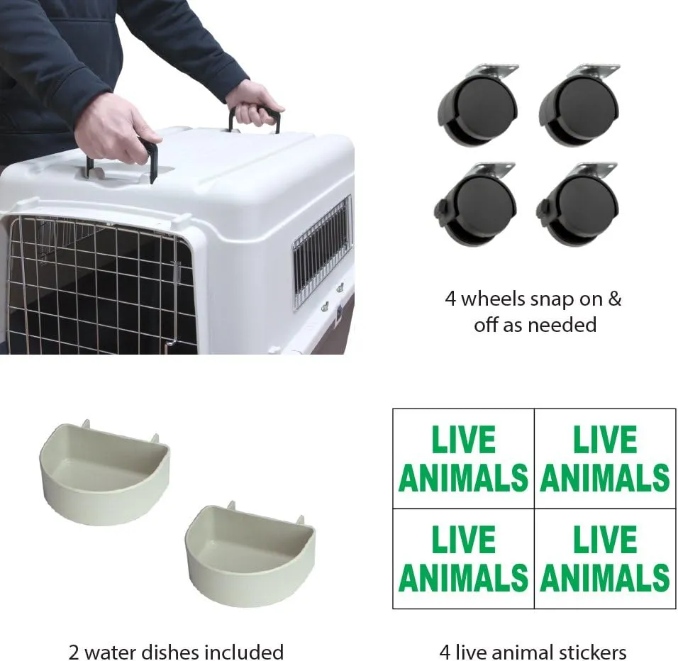 SportPet Designs Plastic Kennels Rolling Plastic Wire Door Travel Dog Crate- Large Kennel, Gray