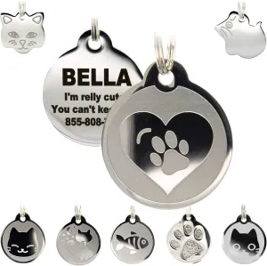 Stainless Steel Cat ID Tags - Engraved Personalized Cat Tags includes up to 4 Lines of Text with Round Heart Shape