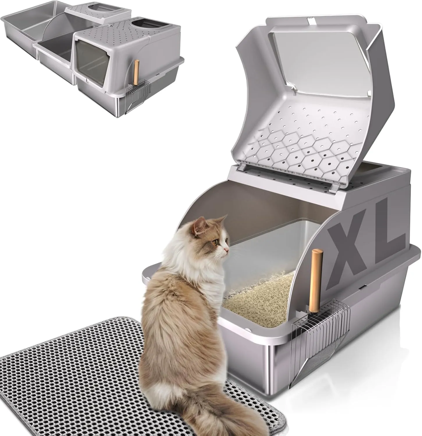 Stainless Steel Cat Litter Box with Lid, 180 Flip Top XL Enclosed Litter Box with Trapping Mat & Metal Scoop, Front Top Dual Entry Steel Extra Large Cat Litter Pan