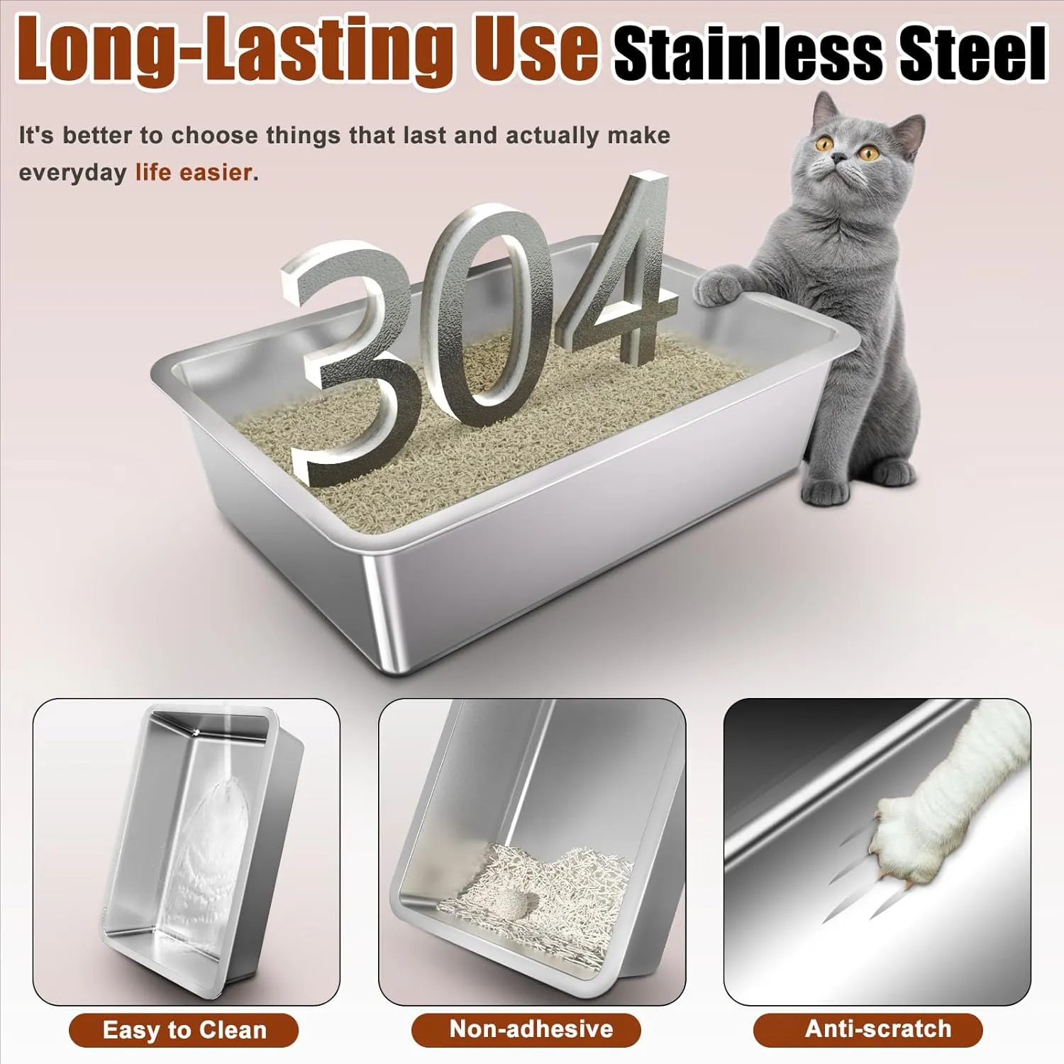 Stainless Steel Cat Litter Box with Lid, 180 Flip Top XL Enclosed Litter Box with Trapping Mat & Metal Scoop, Front Top Dual Entry Steel Extra Large Cat Litter Pan