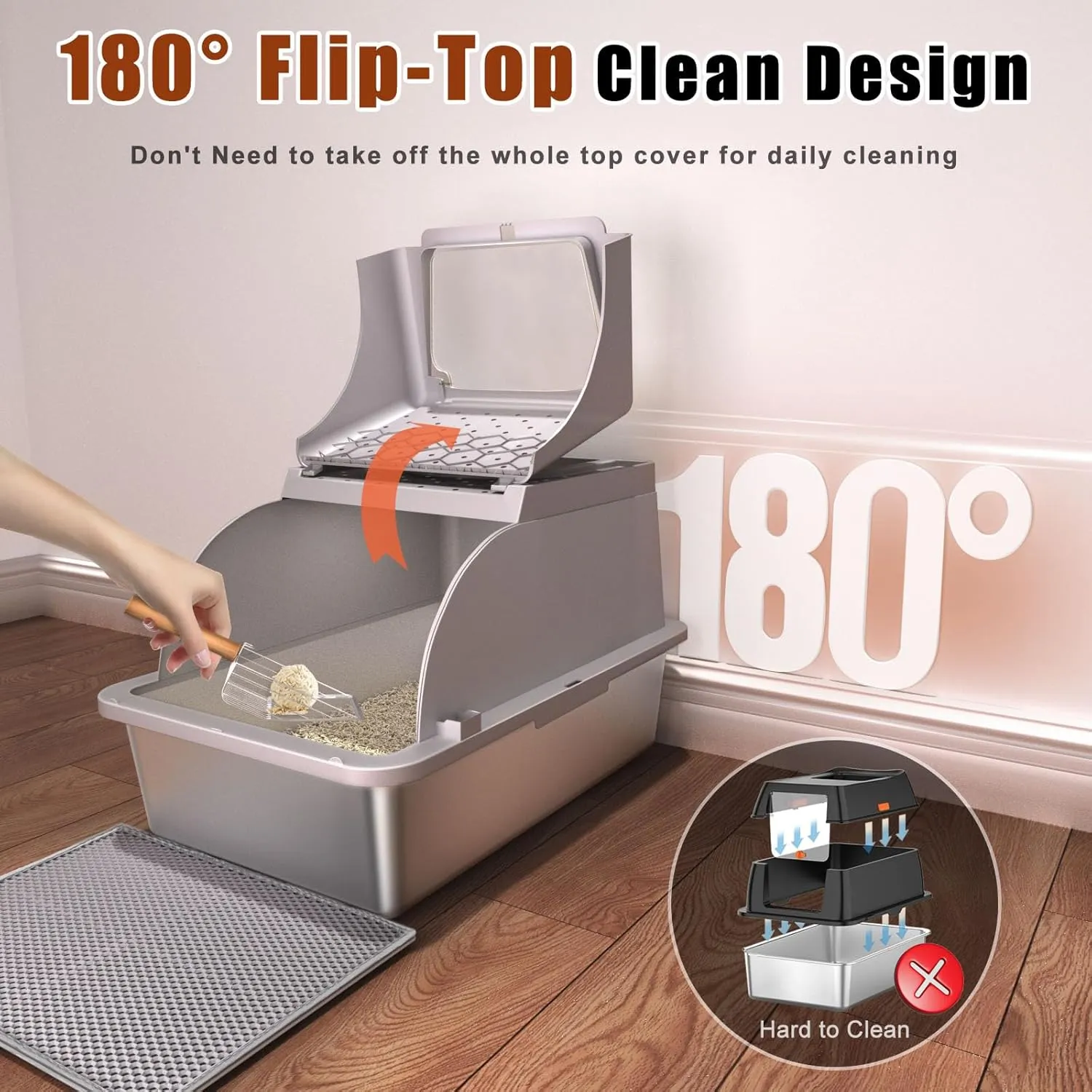 Stainless Steel Cat Litter Box with Lid, 180 Flip Top XL Enclosed Litter Box with Trapping Mat & Metal Scoop, Front Top Dual Entry Steel Extra Large Cat Litter Pan