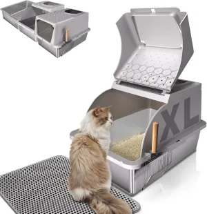 Stainless Steel Cat Litter Box with Lid, 180 Flip Top XL Enclosed Litter Box with Trapping Mat & Metal Scoop, Front Top Dual Entry Steel Extra Large Cat Litter Pan