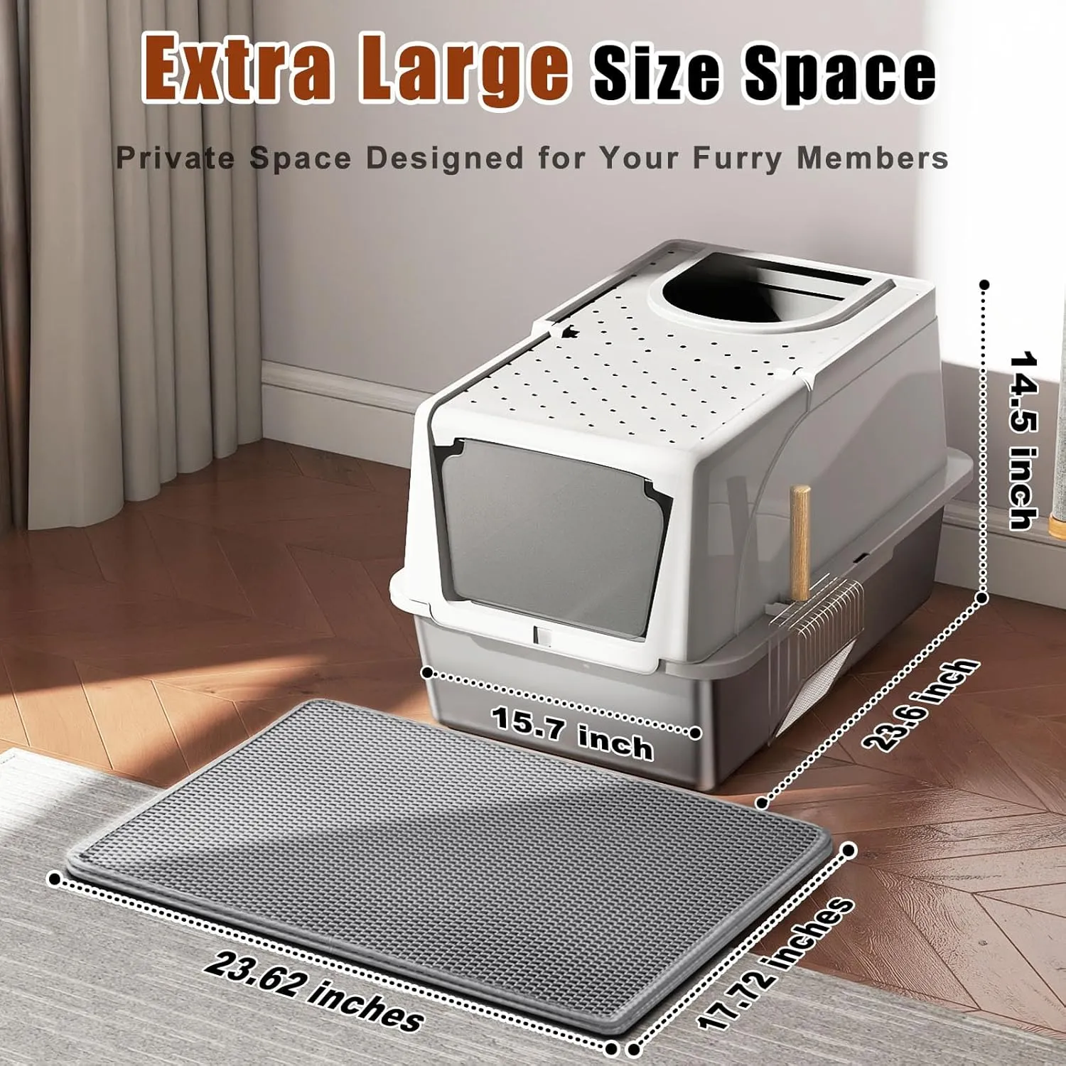 Stainless Steel Cat Litter Box with Lid, 180 Flip Top XL Enclosed Litter Box with Trapping Mat & Metal Scoop, Front Top Dual Entry Steel Extra Large Cat Litter Pan