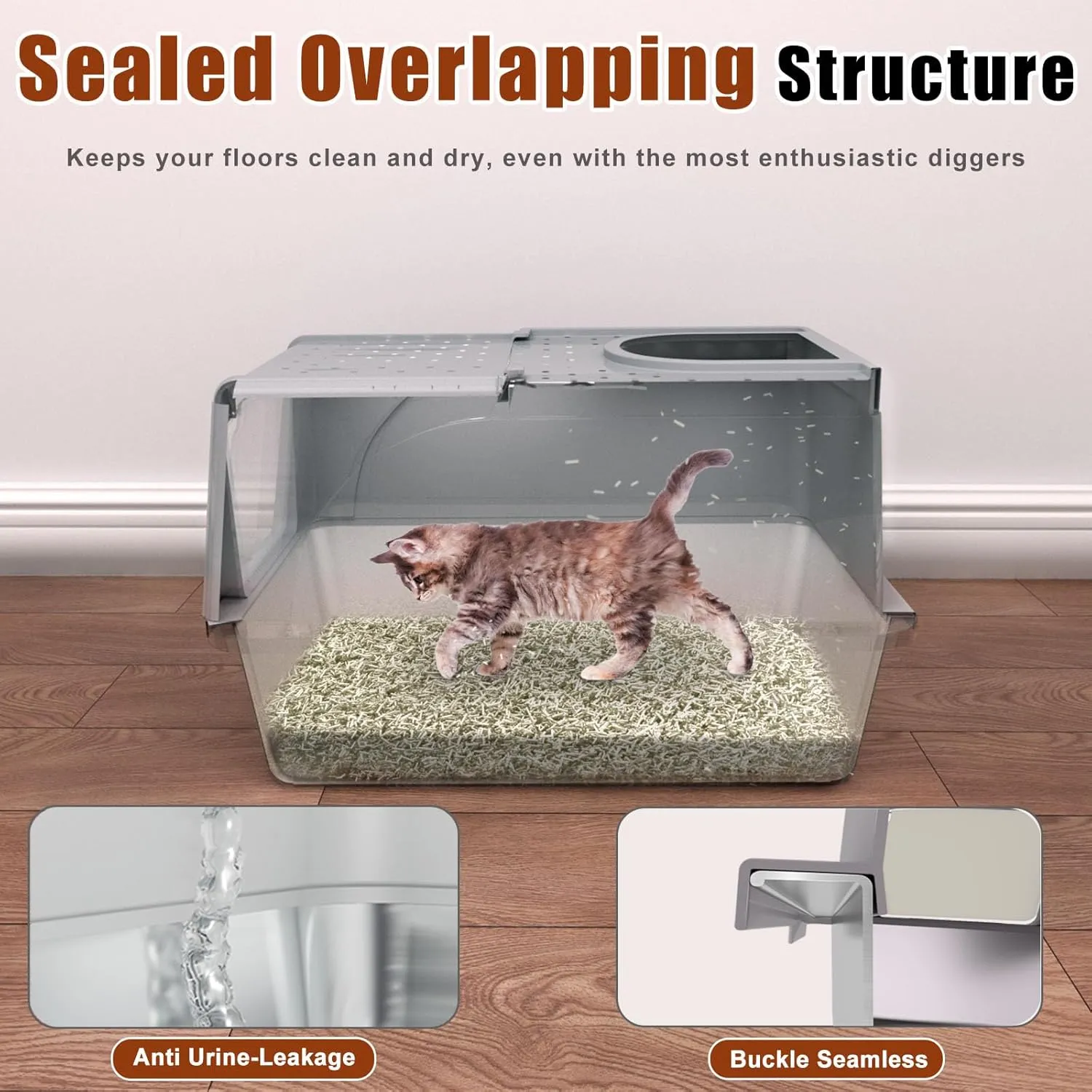 Stainless Steel Cat Litter Box with Lid, 180 Flip Top XL Enclosed Litter Box with Trapping Mat & Metal Scoop, Front Top Dual Entry Steel Extra Large Cat Litter Pan