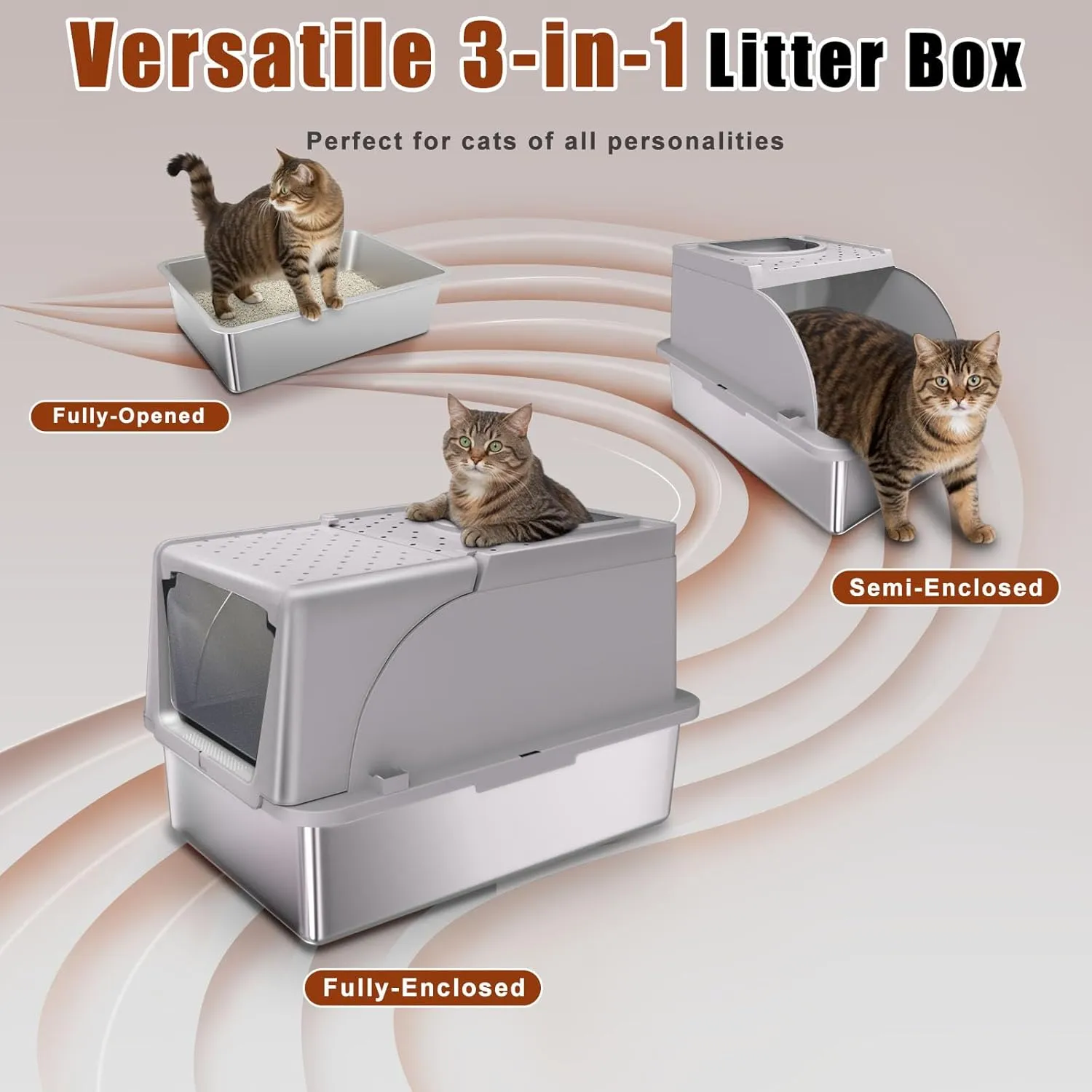 Stainless Steel Cat Litter Box with Lid, 180 Flip Top XL Enclosed Litter Box with Trapping Mat & Metal Scoop, Front Top Dual Entry Steel Extra Large Cat Litter Pan