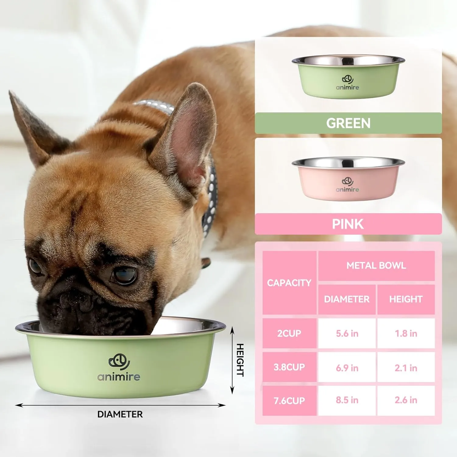 Stainless Steel Metal Dog Bowl Set of 2, Animire Nonslip Dog Water and Food Bowl, Easy to Clean, Each Holds 3.8 Cup
