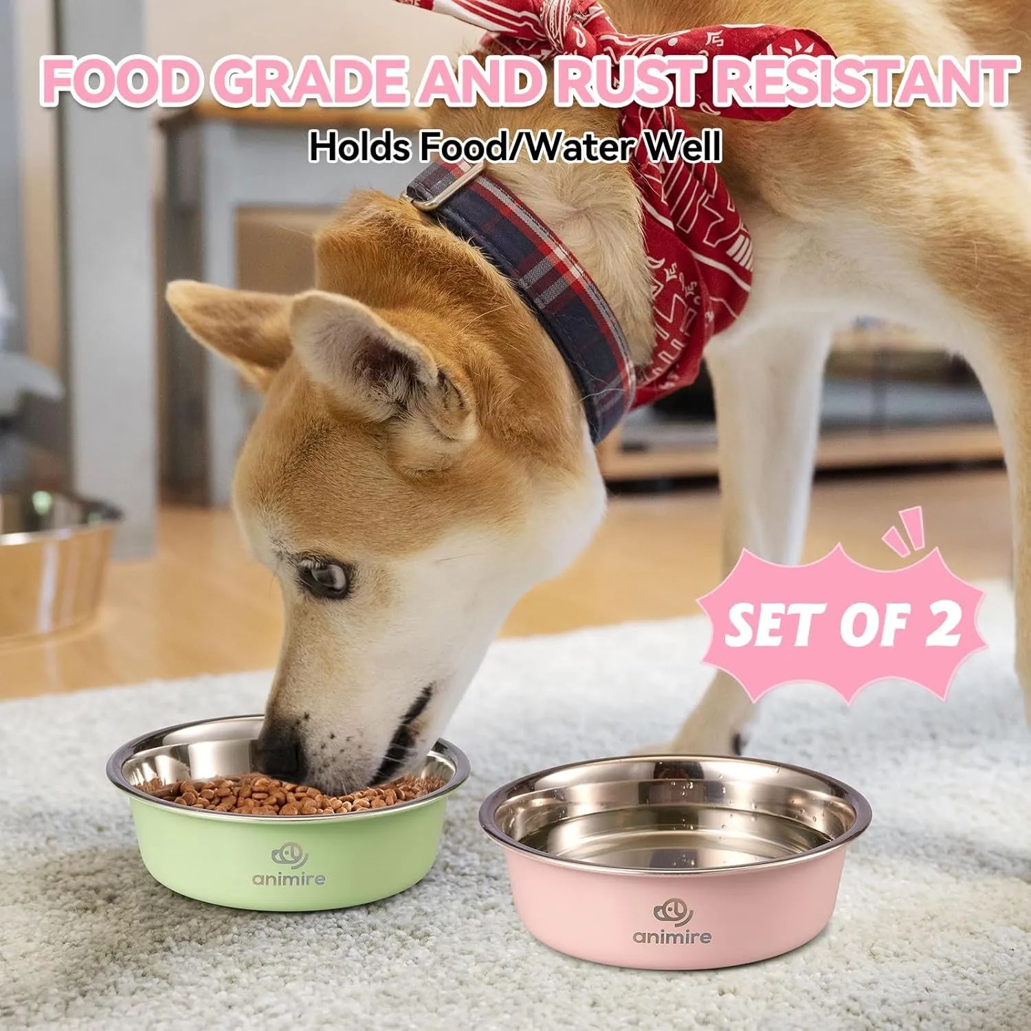 Stainless Steel Metal Dog Bowl Set of 2, Animire Nonslip Dog Water and Food Bowl, Easy to Clean, Each Holds 3.8 Cup