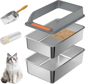 Stainless Steel Sifting Litter Box with Lid, Large Sifting Cat Litter Box for Pine Pellets & Small Cats, Metal Pellet Sifter Litter Pan System for Odor Control,Sifting Box Liners & Metal Scoop