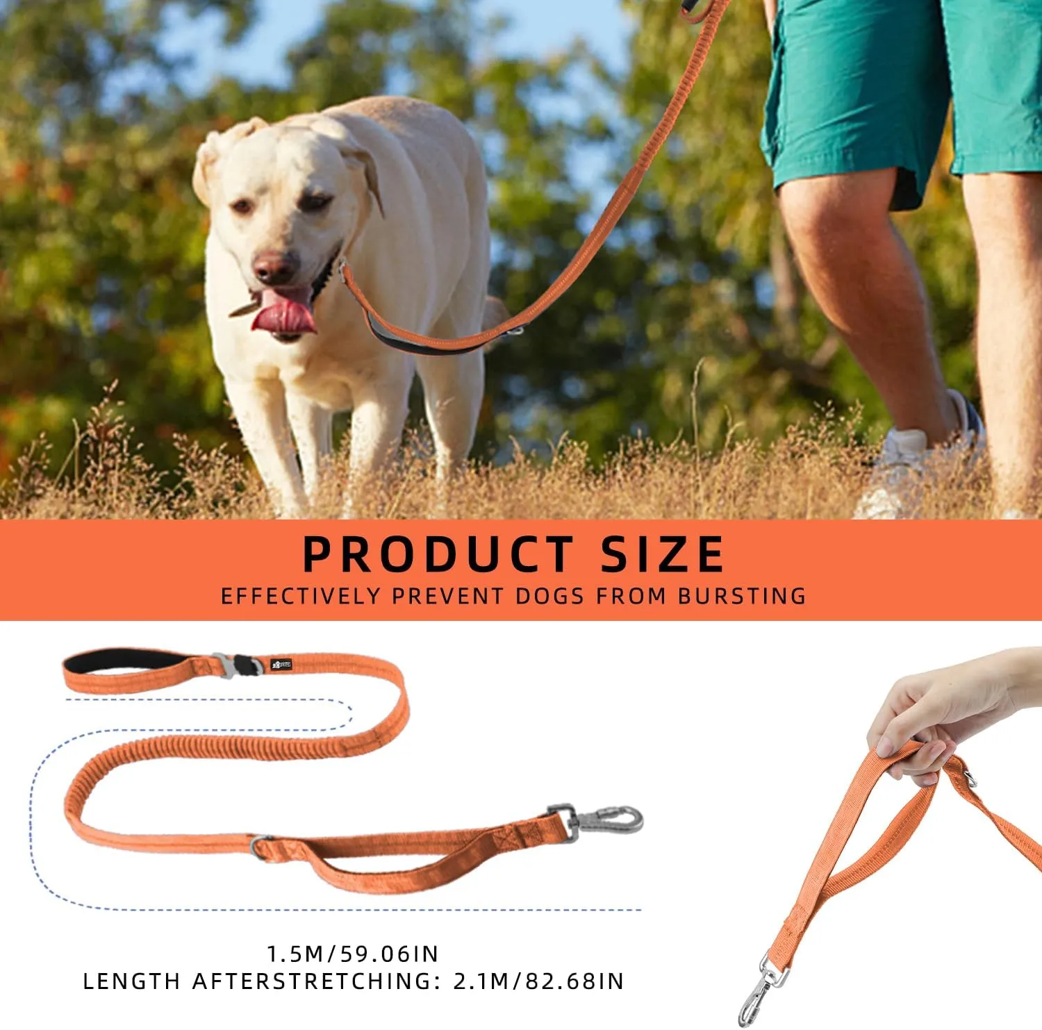 Tactical Heavy Duty Dog Leash,5-6.7FT Shock Absorbing Bungee Dog Leash with 2 Padded Handle,No Pull Dog Leash with Car Seatbelt and Reflective Strip for Medium Large Dogs (Orange)