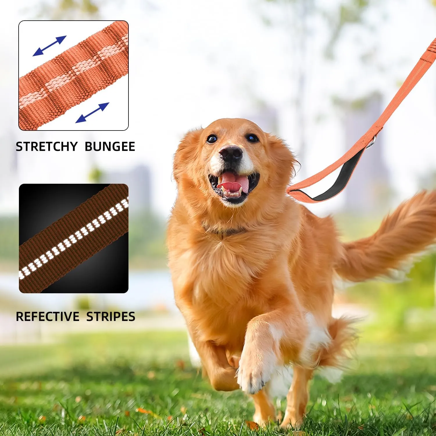 Tactical Heavy Duty Dog Leash,5-6.7FT Shock Absorbing Bungee Dog Leash with 2 Padded Handle,No Pull Dog Leash with Car Seatbelt and Reflective Strip for Medium Large Dogs (Orange)