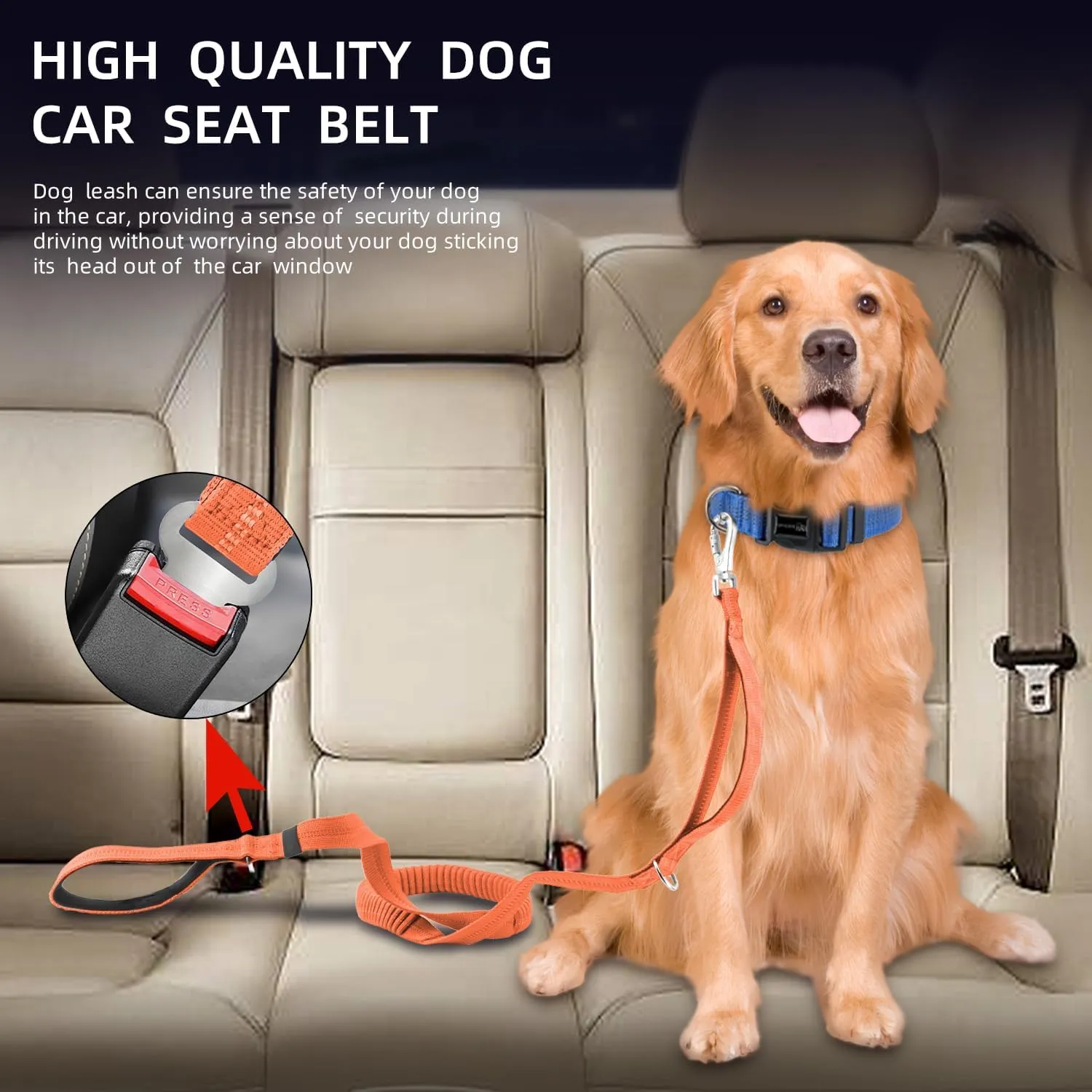 Tactical Heavy Duty Dog Leash,5-6.7FT Shock Absorbing Bungee Dog Leash with 2 Padded Handle,No Pull Dog Leash with Car Seatbelt and Reflective Strip for Medium Large Dogs (Orange)