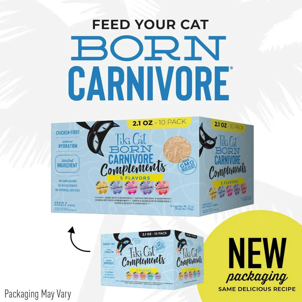 Tiki Cat Born Carnivore Complements Grain-Free Wet Food Topper For Cats Variety Pack (2.1 oz x 10 Pouch)