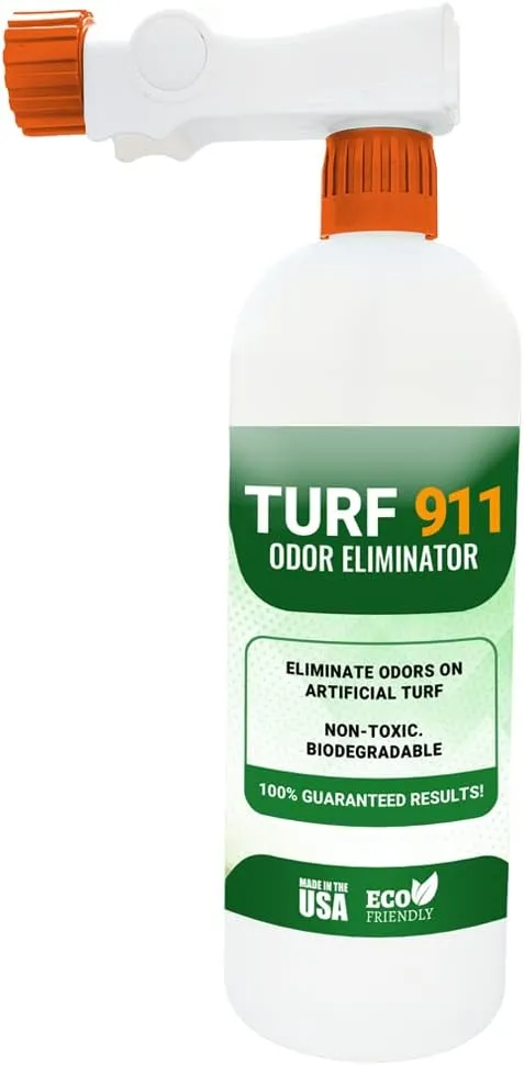 TURF 911 PET ODOR ELIMINATOR FOR ARTIFICIAL TURF. ONE QUART CONCENTRATE DESTROYS URINE ODORS ON ARTIFICIAL TURF, DOG KENNELS, GRAVEL DRIVEWAYS, CONCRETE SURFACES AND WOODEN DECKS. POWERFUL FORMULA GETS THE JOB DONE QUICKLY AND EFFECTIVELY.
