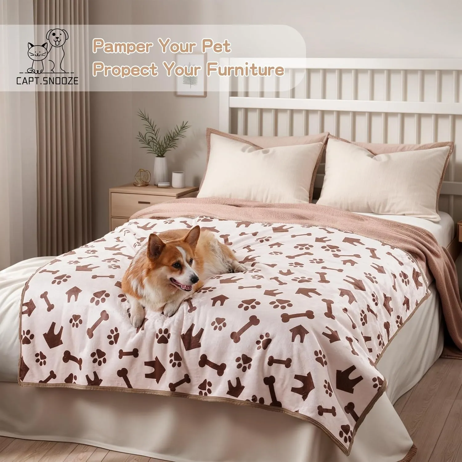 Waterproof Dog Blankets Pet Blanket 50"x60", Soft Fluffy Sofa Car Bed Protector, Reversible Sherpa Fleece Dog Blanket for for Small Medium Large Dogs Cats (Beige-House)