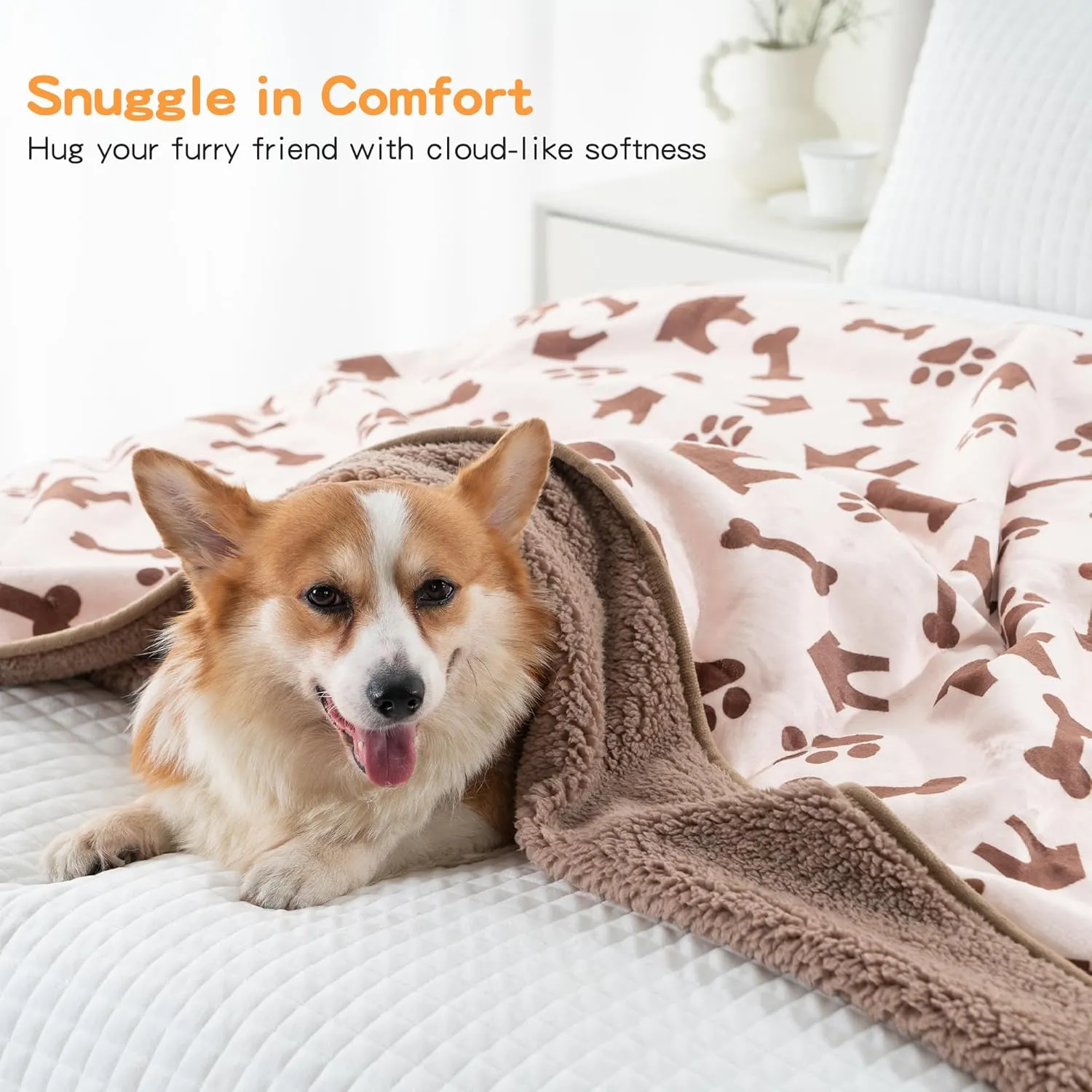 Waterproof Dog Blankets Pet Blanket 50"x60", Soft Fluffy Sofa Car Bed Protector, Reversible Sherpa Fleece Dog Blanket for for Small Medium Large Dogs Cats (Beige-House)