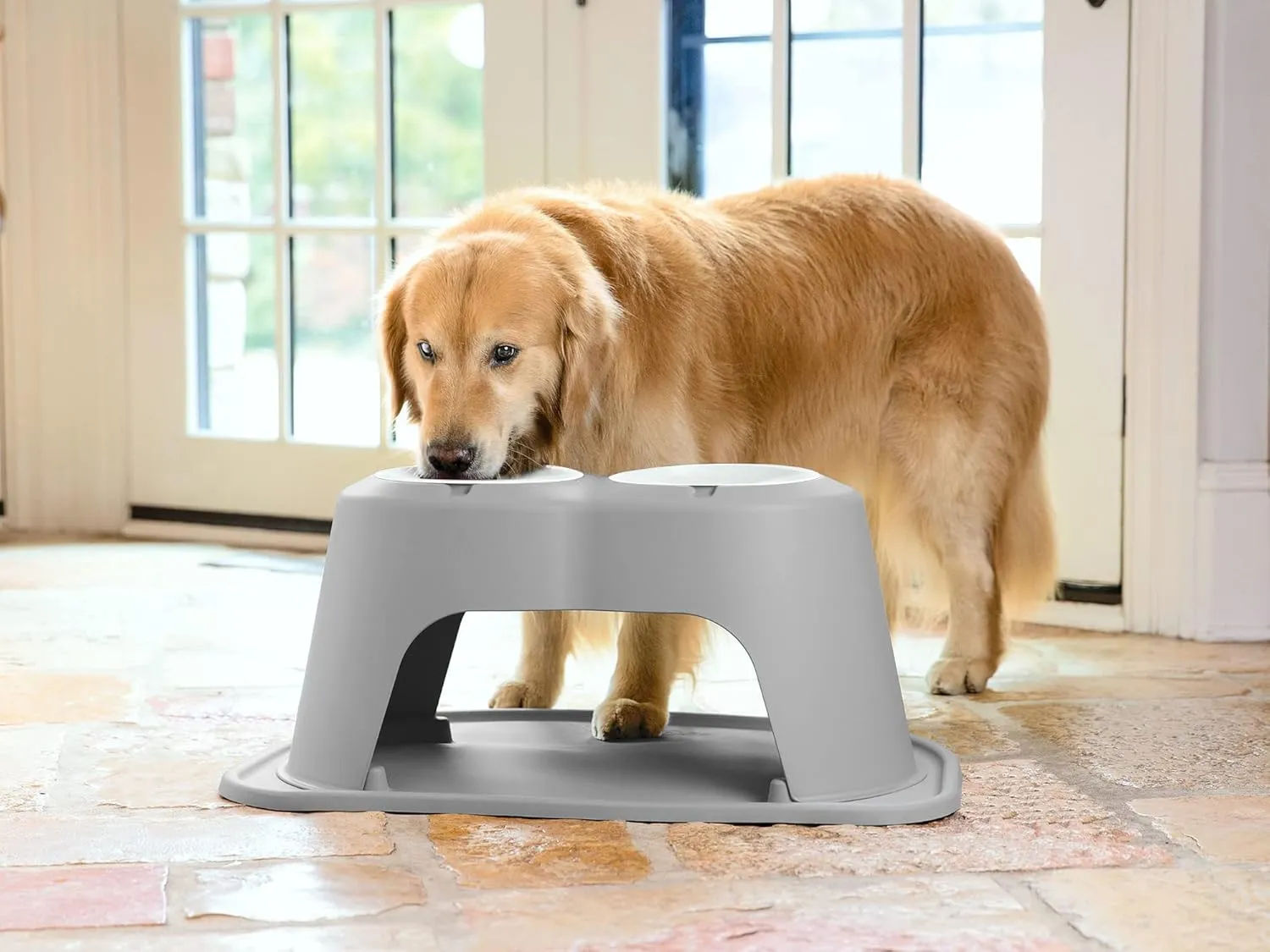 WeatherTech Double High Pet Feeding System w/Plastic Dog/Cat Bowls - 10" High Stand Light Grey (PDHC6410LGLG)