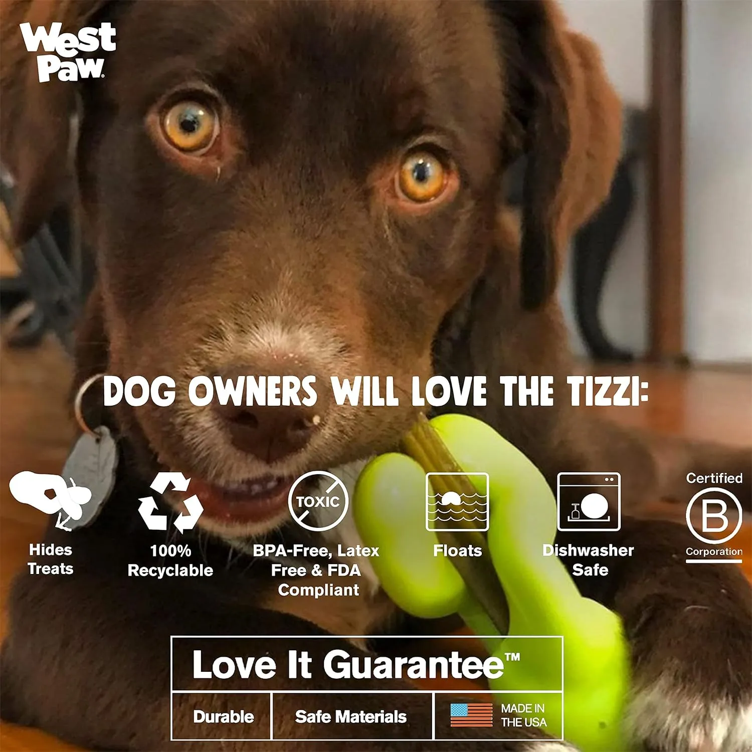 WEST PAW Zogoflex Tizzi Treat Dispensing Dog Toy  Interactive Play Toy for Dogs, Puppies  Floatable, High-Flying Toys for Fetch, Catch, Tug of War, Recyclable, Dishwasher Safe, Large, Granny Smith