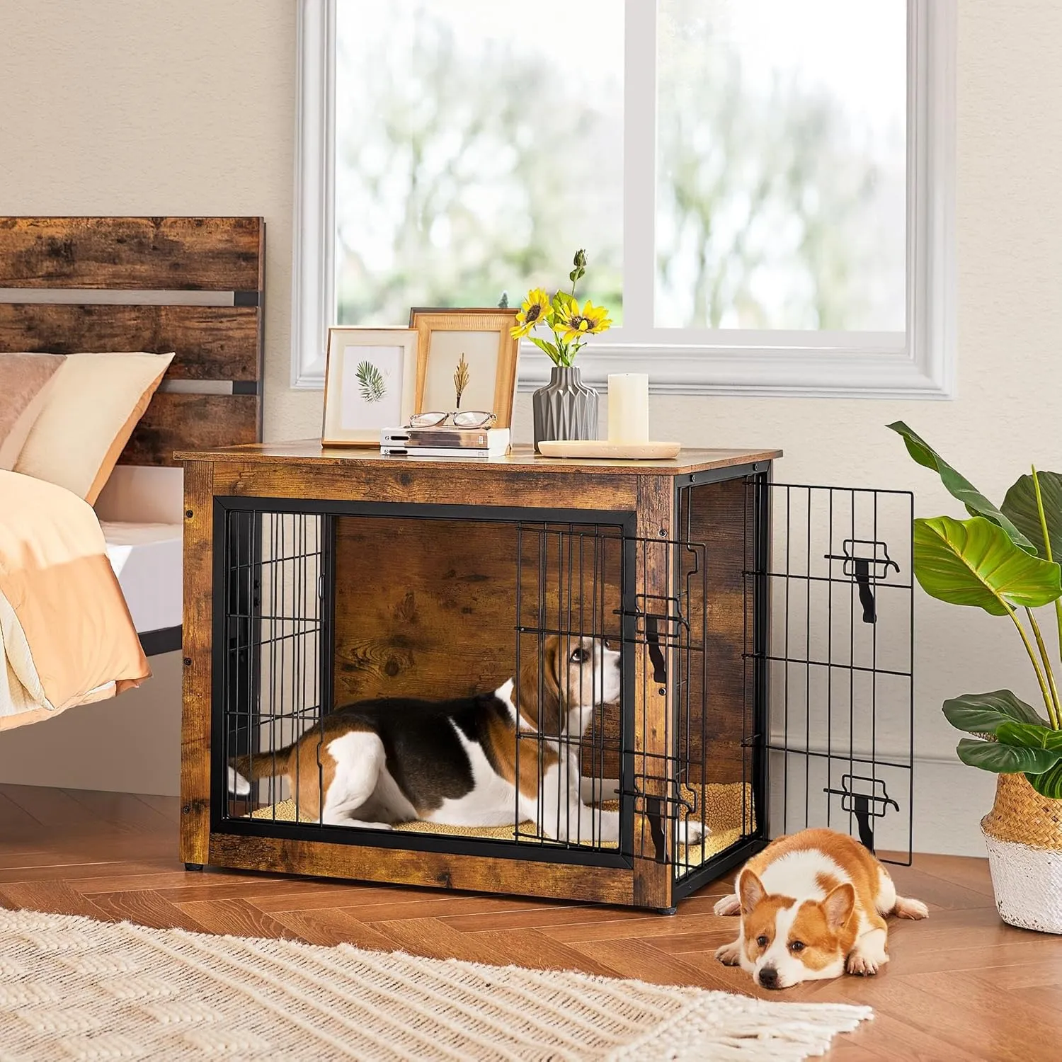 Yaheetech 32'' Dog Crate Furniture with Cushion Wooden Dog Crate with Double Doors/Adjustable Feet Side End Table for Small/Medium Dogs