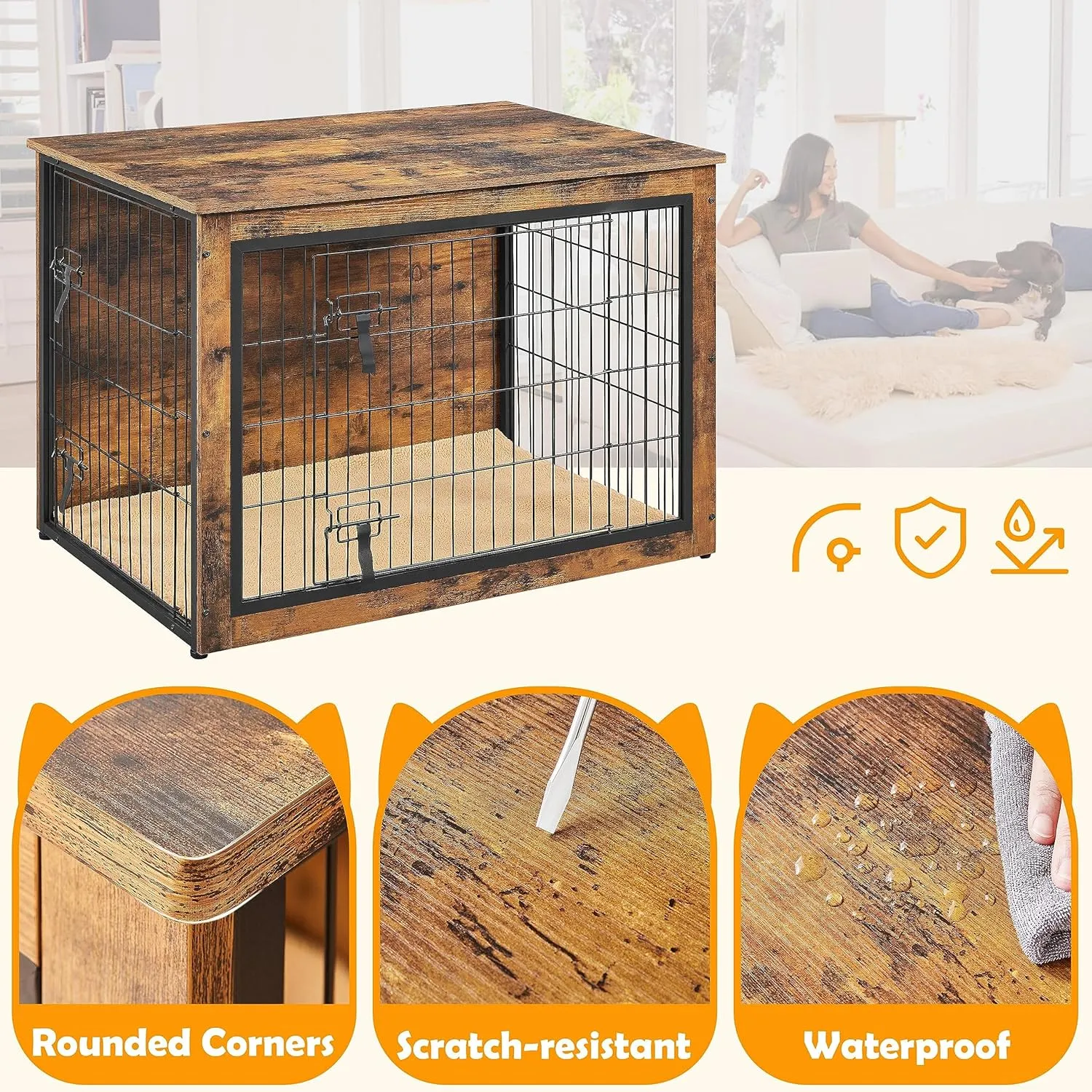 Yaheetech 40'' Dog Crate Furniture with Cushion Wooden Dog Crate with Double Doors/Adjustable Feet Side End Table for Small/Medium Dogs
