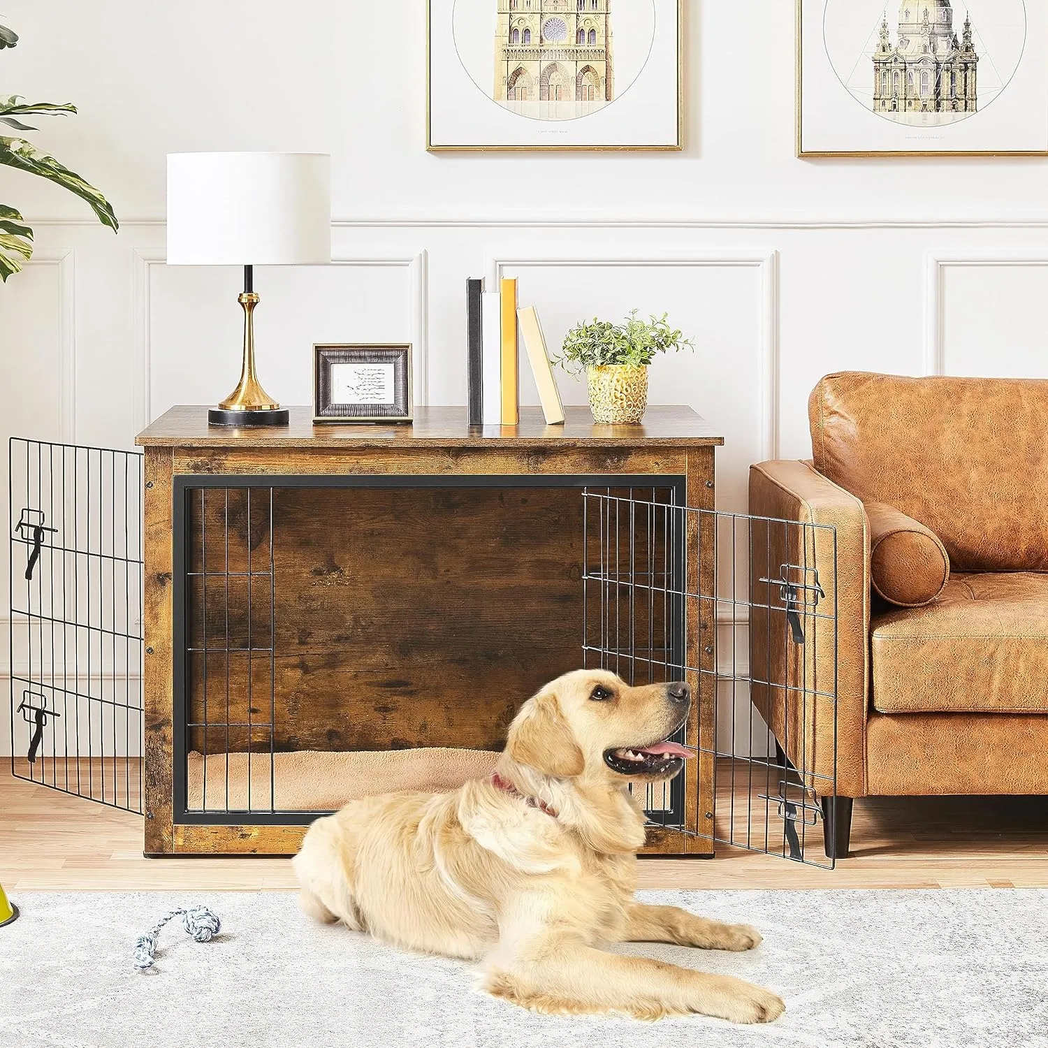 Yaheetech 40'' Dog Crate Furniture with Cushion Wooden Dog Crate with Double Doors/Adjustable Feet Side End Table for Small/Medium Dogs