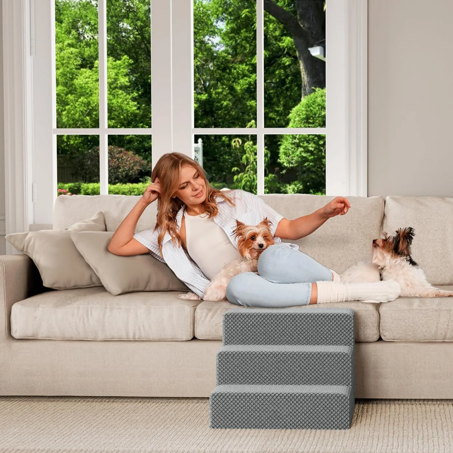 YITAHOME 5-Tier Dog Steps for Beds and Couches 24" H, Non-Slip Foam Pet Stairs with Washable Cover, PP Support Boards for Small and Senior Dogs (Gray, 30" L x 16" W)