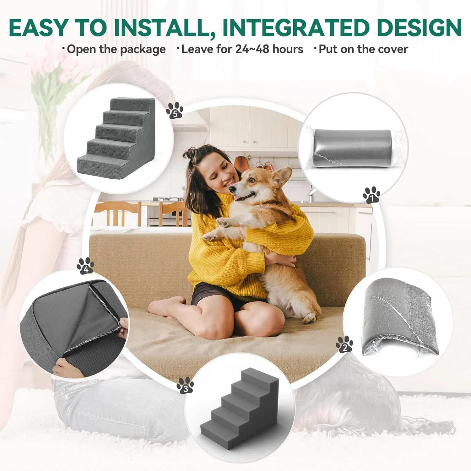 YITAHOME 5-Tier Dog Steps for Beds and Couches 24" H, Non-Slip Foam Pet Stairs with Washable Cover, PP Support Boards for Small and Senior Dogs (Gray, 30" L x 16" W)