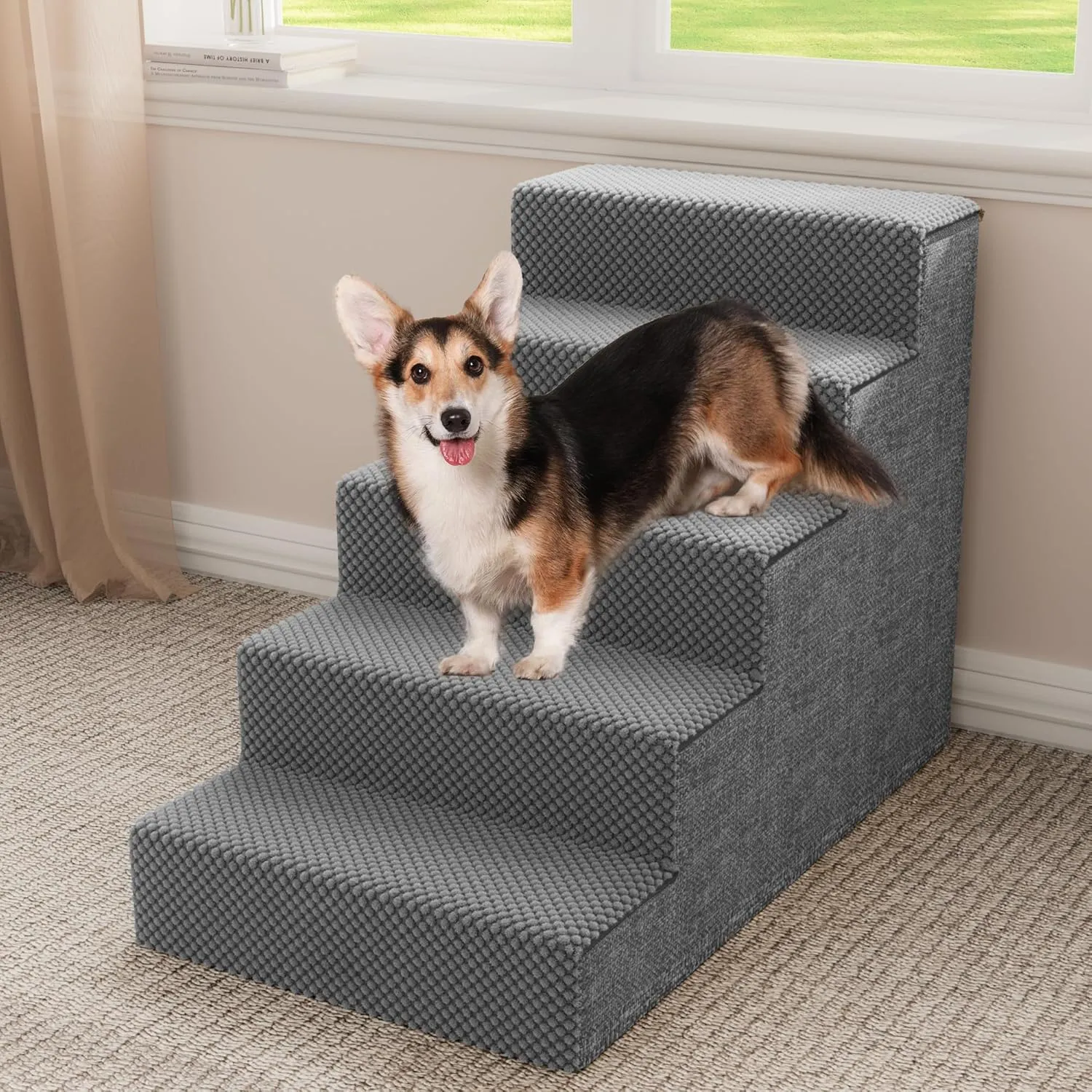 YITAHOME 5-Tier Dog Steps for Beds and Couches 24" H, Non-Slip Foam Pet Stairs with Washable Cover, PP Support Boards for Small and Senior Dogs (Gray, 30" L x 16" W)