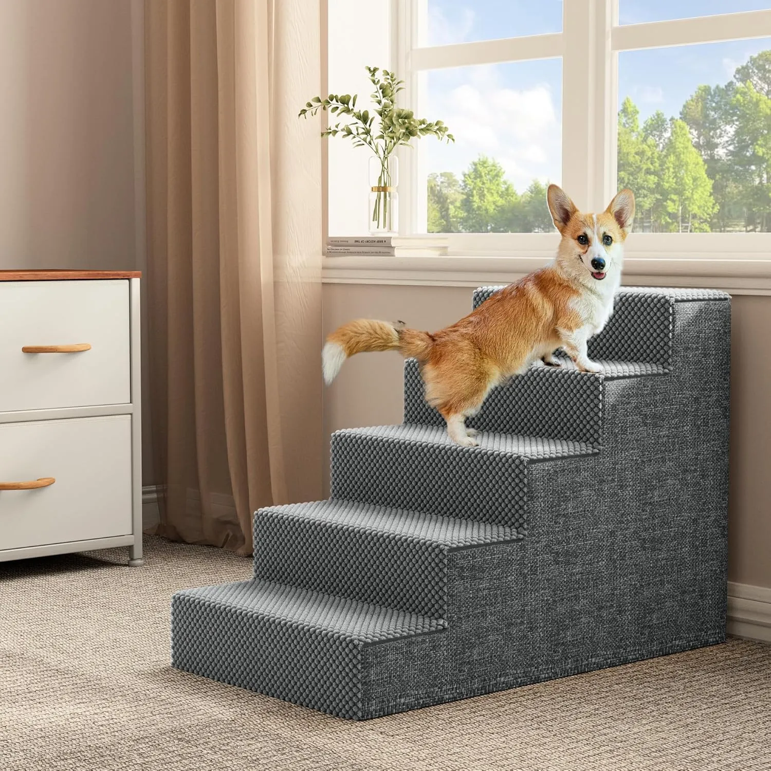 YITAHOME 5-Tier Dog Steps for Beds and Couches 24" H, Non-Slip Foam Pet Stairs with Washable Cover, PP Support Boards for Small and Senior Dogs (Gray, 30" L x 16" W)