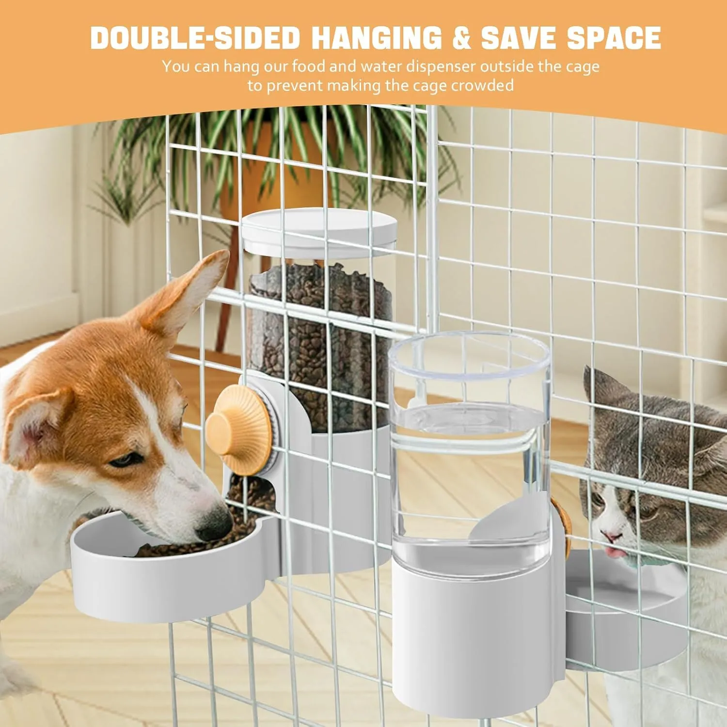 Yummy Sam Hanging Cage Automatic Small Pet Food Bowl Water Bottle Dispenser, 1L Auto Gravity Pet Feeder and Waterer Set Kennel Feeding Station Crate Feeder Dish for Puppy Cats Rabbit Ferret (White)