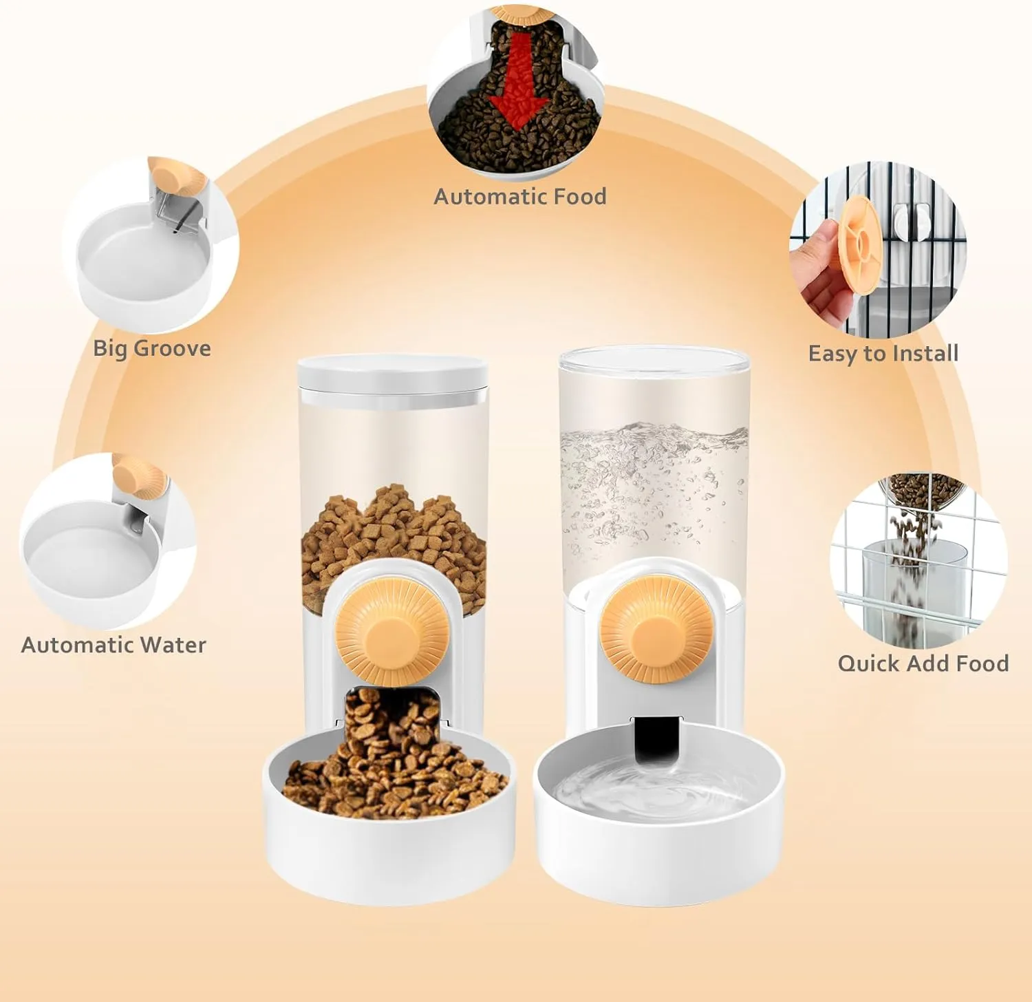 Yummy Sam Hanging Cage Automatic Small Pet Food Bowl Water Bottle Dispenser, 1L Auto Gravity Pet Feeder and Waterer Set Kennel Feeding Station Crate Feeder Dish for Puppy Cats Rabbit Ferret (White)